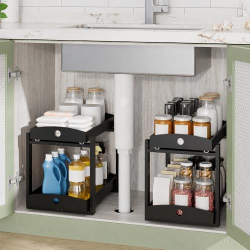Bamboo Under Sink Organizer 2 Tier Pull Out Cabinet Storage Drawer by LONTAI