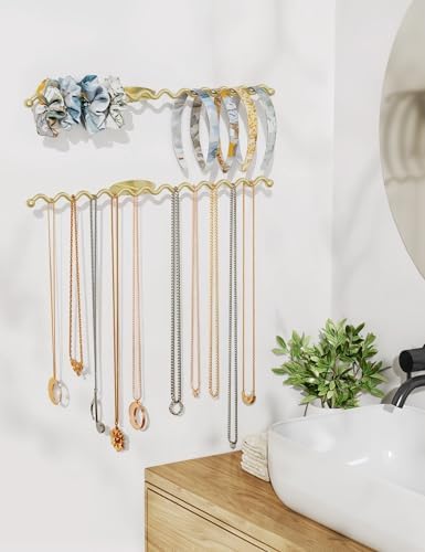 NiHome Wall Mounted Metal Jewelry Organizer Racks for Necklaces, Earrings, Bracelets, Rings, Decorative Display Wave Design Storage Holders for Bedroom, Bathroom, Kitchen, Entryway (2-Pack, Gold) - Image 2