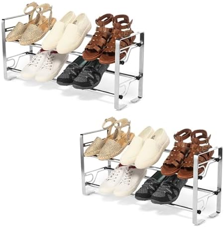 Free Standing Shoe Rack for Entryway, Sturdy 2-Tier Shoe Storage Shelf, Easy to Assemble Black Shoe Rack for Closet & Front Door Entrance, Shoe Organizer, Perfect Shoe Storage Organizer - Pack of 2 by USTECH