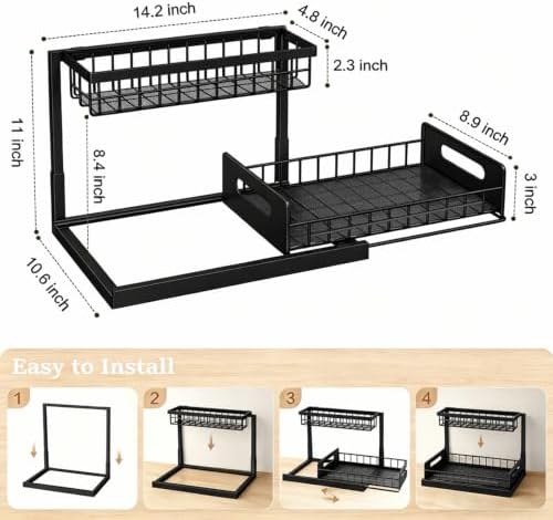 2 Pack Upgraded Under Sink Organizer, 2 Tier Pull out Kitchen Cabinet Organizer Metal Slide out Bathroom Organizers and Storage Makeup Drawer Organizer for Office Bedroom Restroom Living Room, L-Black - Image 6