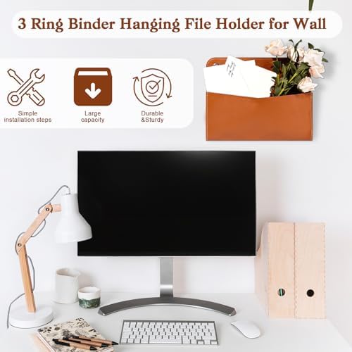 Wall Mount Brown PU Leather Letter Holder 9.8" x 7.7" x 1.4" Mail Holder Vintage Wall File Organizer 2 Ring Binder Hanging File Holder for Office Home Decor Storage Letter Postcards Bill Flowers - Image 5