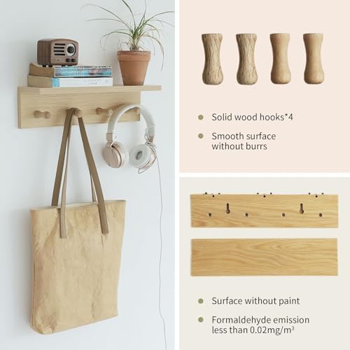 Small Entryway Shelf with Hooks, Wall Mounted Coat Rack with Shelf for Small Spaces, Wooden Floating Wall Organizer for Entryway, Mudroom, Nursery, Bathroom & Kitchen (Oak Finish) - Image 6