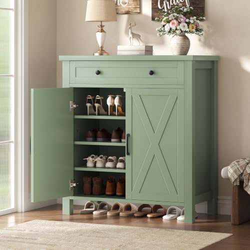 Farmhouse Shoe Storage Cabinet, 5-Tier High Boots Organizer with Adjustable Shelves, Large Drawer & Barn Doors, Entryway Shoe Rack for Hallway Living Room, Green by Glirun