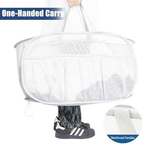 2 Pack Collapsible Laundry Baskets, Upgrade Pop Up Laundry Hamper with Convenient Bags, Foldable Laundry Basket Mesh Light Weight, Easy to Carry Clothes Hampers for Laundry, Dorm, Toys, Travel White - Image 5