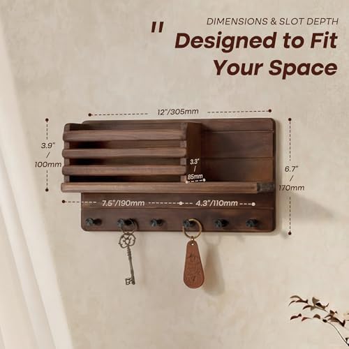 Rebee Vision Pine Wood Key Holder Wall Mount with Shelf for Entryway, Brown - Image 2