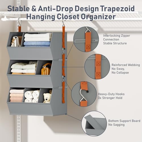 Hanging Closet Organizer Extra Large, Clothes Hanging Shelves for Closet with Divider, Collapsible Closet Storage System, Fabric Storage Bins for Home, Dorm, Rv, Sweaters, Handbags, Underwear, Sock - Image 4