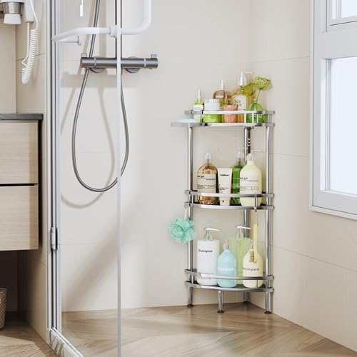 HapiRm Standing Corner Shower Caddy - 3 Tier Shower Organizer Corner with Soap Holder and 4 Hooks, Rustproof Bathroom Storage Shelves with Adhesives, Silver - Image 7