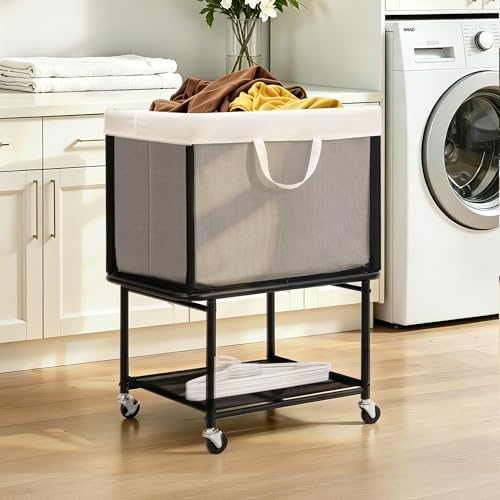 STO STO Rolling Laundry Hamper with Lockable Wheels, 29-Gallon (110L) Laundry Cart with Removable Canvas Bag, 2-Tier Clothes Basket Hamper with Shelf for Closet, Bedroom, Bathroom, Laundry Room, Beige - Image 2