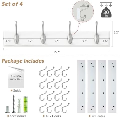 Forbena White Coat Rack Wall Mount 4-Pack, Coat Hanger Wall Mounted for Hanging Clothes Purse, Modern Key Holder Hooks for Closet Hat, Belt, Bag, Backpack, Leash (White and Silver - 16 Hooks) - Image 3