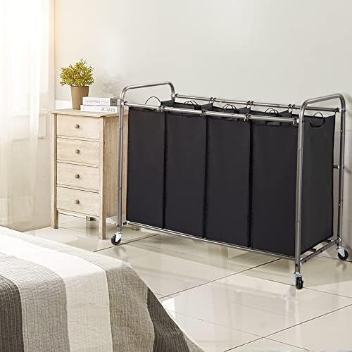 STO STO Laundry Sorter 4 Section, 4 Bag Clothes Hamper, Rolling Laundry Cart Basket with Heavy Duty Lockable Wheels and Removable Bag for Laundry Room, Bedroom, Closet, Black - Image 2