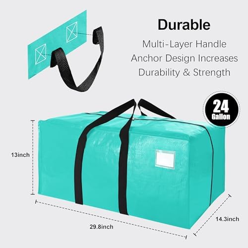 VELVETSURE 12 Pack Heavy Duty Large Moving Bags W/Backpack Straps - Strong Handles & Zippers, Storage Totes For Space Saving, Fold Flat, Alternative to Moving Box and Storage Bin, Aquamarine - Image 2
