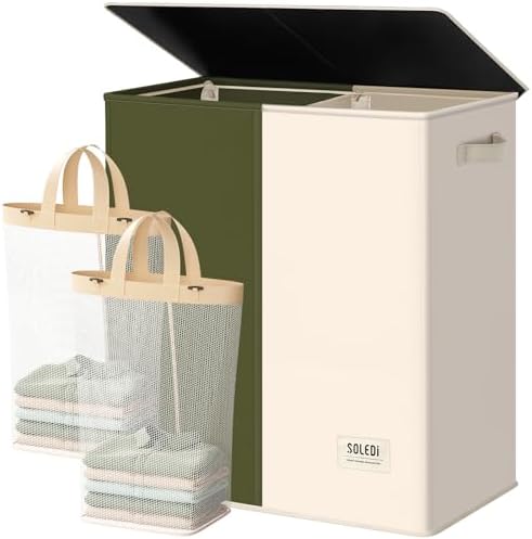 SOLEDI Large Double Laundry Hamper with Lid, Collapsible Clothes Hamper 2 section with Removable Bags, Space-Saving Laundry Basket for Bedroom, Dorm, College by SOLEDI