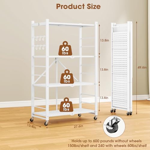 Fenbeli Foldable Shelves with Wheels - 4 Tier Folding Shelf, Collapsible No Assembly Metal Shelving Unit, Origami Storage Shelves & Rolling Storage Rack with 8 Hooks for Kitchen Pantry Garage - Image 3