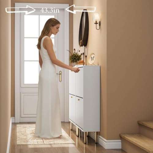 Nicetree Shoe Storage Cabinet for Entryway - 2 Flip Drawers Shoe Cabinet with Tiered Fluted Design - Slim Shoe Storage Rack with Gold Legs - Narrow Shoe Cabinet Hidden Shoe Organizer for Small Spaces - Image 6