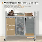 SwaaVee Laundry Sorter, Laundry Hamper 3 Section, 3×11.4Gal, Metal Frame Rolling Laundry Basket with Wooden Top Shelf, Pull out and Removable Laundry Bags, 3 Bags-Gray - Image 3