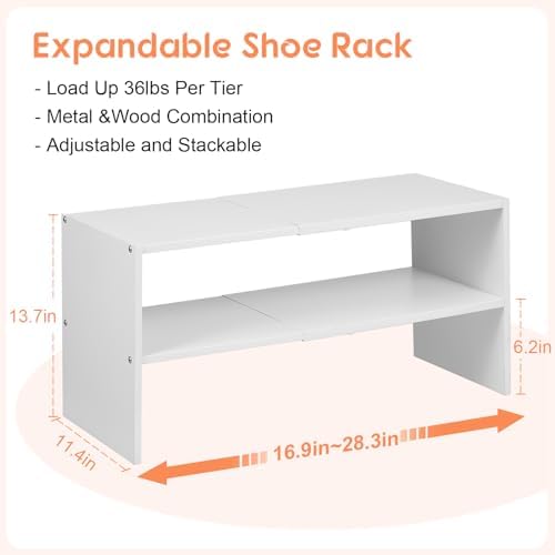 2-Tier Expandable White Shoe Rack Organizer for Closet, Stackable Shoe Rack Storage Shelf, Small Iron Wood Combination Shoe Shelves for Closets,Entryway,Front Door, Narrow Space,Hallway,6-12 Pairs - Image 2