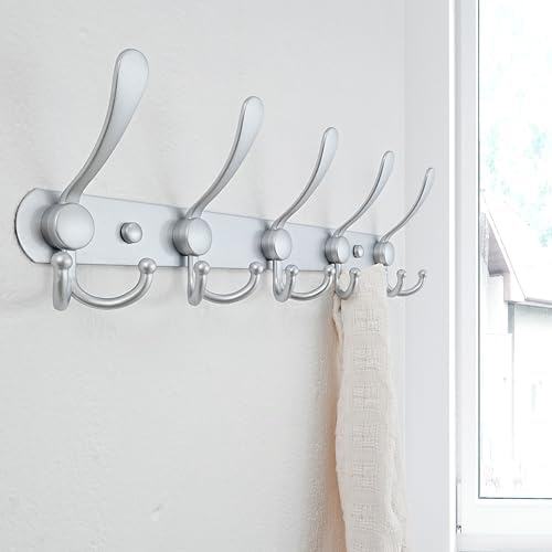Dseap Coat Rack Wall Mounted - 5 Tri Hooks, Heavy Duty, Stainless Steel, Metal Coat Hook Rail for Coat Hat Towel Purse Robes Mudroom Bathroom Entryway (Silver, Pack of 2) - Image 4