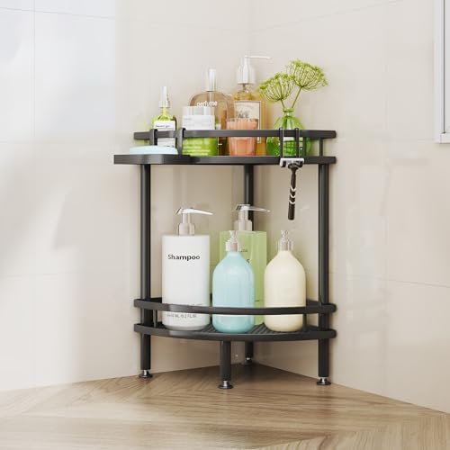 HapiRm Standing Corner Shower Caddy - 2 Tier Shower Organizer Corner with Soap Holder and 2 Hooks, Rustproof Bathroom Storage Shelves with Adhesives, Black by HapiRm