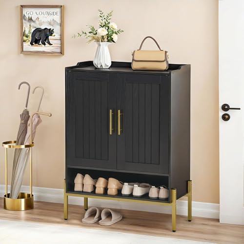 HOOBRO Shoe Cabinet, 5-Tier Shoe Storage Organizer with Doors, Wooden Shoe Cabinet Storage for Entryway, Freestanding Shoe Rack Cabinet with 3 Adjustable Shelves for Hallway, Gold and Black DB41SC01 - Image 6