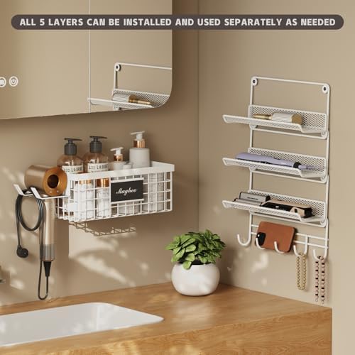 Magheo Hair Dryer Holder Wall Mounted, Adheisve Hair Styling Tool Organizer for hair Brush/Appliance Wall Mount with 5 Tier Shelf Basket Hooks Blow Dryer and Straightener Holder for Bathroom(White) - Image 4