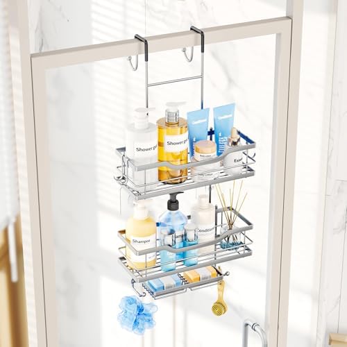 Consumest Over The Door Shower Caddy - 3 Tier Shower Shelves Hanging with Soap Holders, Large Capacity Shower Organizer with 6 Hooks, Bathroom Rack and Storage, Silver - Image 4