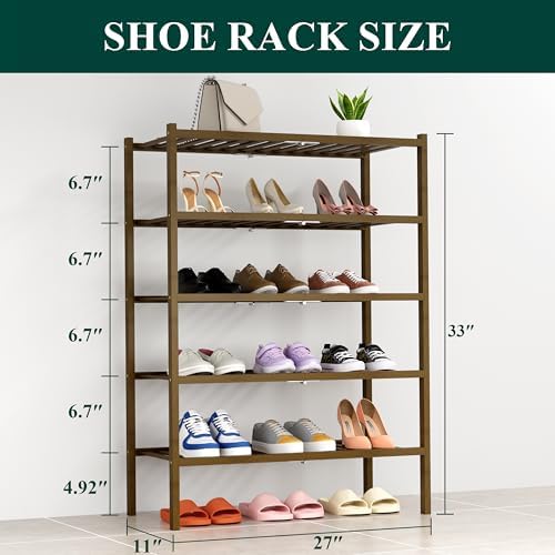 Smiry Bamboo Shoe Rack, 14 Vertical Slats, 5 Tier - 26.8" Wide, Walnut - Image 2