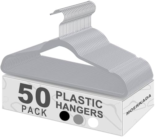 50 Pack Slim Plastic Clothes Hangers Grey | 17.7 in adult size, 0.2 in profile, non-velvet ABS, anti-slip grooves, Closets/dorms/laundry by MOERKADA