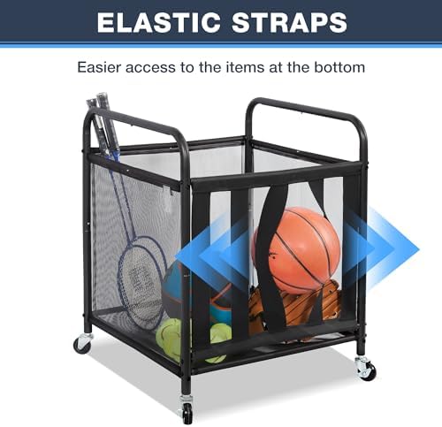 STO STO 2 Pack Rolling Sports Ball Storage Cart, Lockable Basketball Cage with Elastic Straps, Sport Equipment Holder Organizer for Indoor Outdoor, Steel Storage Rack for Playgroud and Gym, Black - Image 6