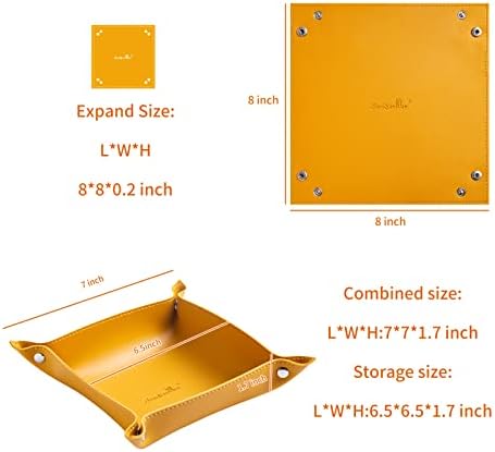 Leather Jewelry Valet Tray for Women and Man, Portable Entryway Table Tray Bedside Nightstand Desk Tray Small Catchall Travel Dish Plate for Key,Wallet,Watch,Coin (8x8, Yellow-B) - Image 2