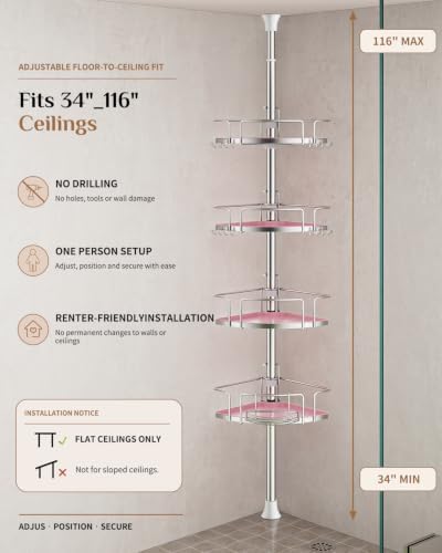 ALLZONE Corner Shower Caddy Tension Pole, 4 Hang-On Basket with Mixed-Height Shelves for Various Bottle Sizes, Extra Hooks & Soap Holder, Rustproof Stainless Steel, Fits 34–116 Inch, Silver/Pink - Image 3