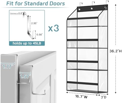 AOODA Clear Over the Door Hat Racks for Baseball Caps, Hold 48 Caps Hat Storage Organizer for Closet Wall, Deep Pockets Hanging Snapback Holder Shelves with 3 Hooks, Black - Image 6