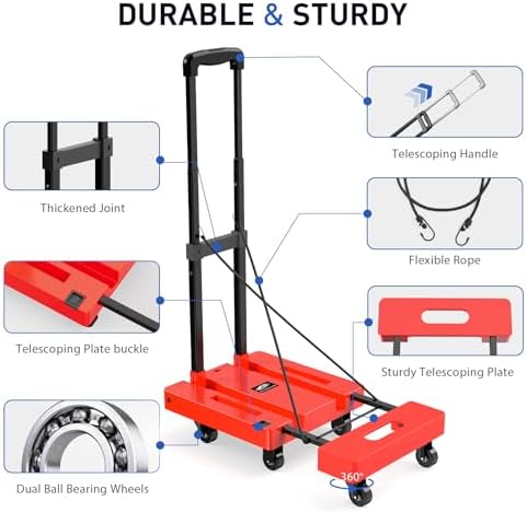 SPACEKEEPER Folding Hand Truck, 500 LB Heavy Duty Luggage Cart, Orange - Image 3