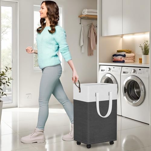 HomeHacks 90L Rolling Laundry Basket with 4 Wheels Collapsible Gray - Image 4