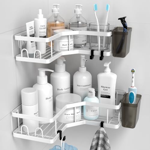 AKTECKE Shower Caddy Corner Organizer Shelf: 2Pack Adhesive Shower Essentials Accessories - No-Drilling Stainless Steel Bathroom Storage Rack with Hooks - Image 2