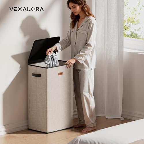 100L Laundry Hamper with Lid, Large Clothes Hampers with Removable Bag, Collapsible Laundry Basket for Bathroom, Bedroom, Laundry Room, Dorm, Beige - Image 2