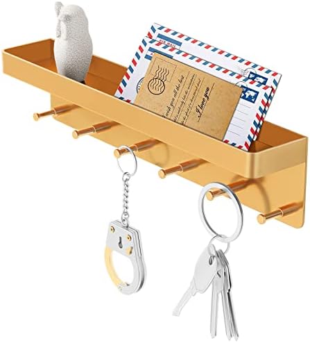 MKO Key Holder for Wall, Mail Organizer and Key Rack with Tray for Hallway, 6 Key Hooks Wall Mount Adhesive(Gold) by MKO