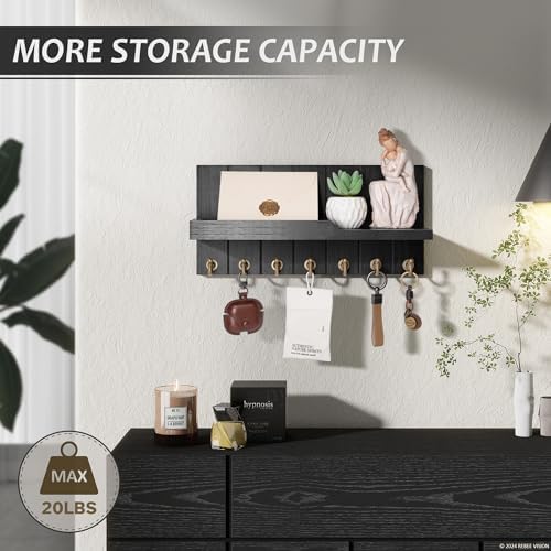 Rebee Vision Key Holder Wall Mount with 7 Hooks & Shelf for Entryway, Black - Image 2