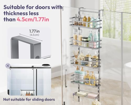 SWTYMIKI Over the Door Shower Caddy - 5 Tier Adjustable Shower Organizer Hanging with Soap Holder, No Drilling Stainless Steel Bathroom Rack Hanging for Body Wash, Shampoo, Soap, Razor, Silver - Image 7
