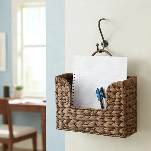 PINXIURY Magazine Holder Wall Basket Water Hyacinth Woven Mail Organizer, Wicker Wall Hanging Baskets for Magazines, Letters & Storage Decorative Mail Holder, Magazine Rack, Hanging Basket, Coffee - Image 7