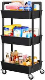 Pipishell 3 Tier Rolling Cart Organizer, Plastic Rolling Cart with Lockable Wheels & Reinforced Handle, Lightweight Utility Storage Cart for Nursery, Kitchen, Craft Room, Black by Pipishell