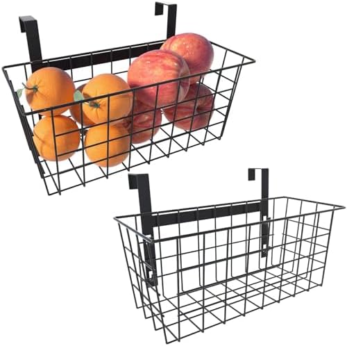 MaraFansie Basket with Hook, Grid Storage Basket, Over the Cabinet Door Organizer, Wire Hanging Basket with Hook Over the Railing, Under Sink Kitchen Cabinet, Pantry, Bathroom, Black, 2 Pack by MakeStorageMoreFun