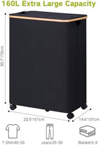 efluky Double Laundry Hamper with Wheels, Divided Laundry Hamper with Removable Bags, 2 Section Dirty Clothes Basket with Handles for Bathroom, Bedroom & Laundry Room, 160L Dark Black - Image 3
