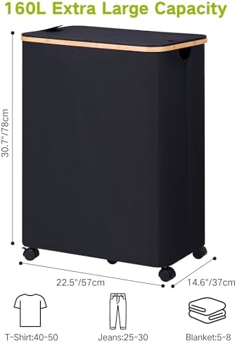 efluky Double Laundry Hamper with Wheels, Divided Laundry Hamper with Removable Bags, 2 Section Dirty Clothes Basket with Handles for Bathroom, Bedroom & Laundry Room, 160L Dark Black - Image 3
