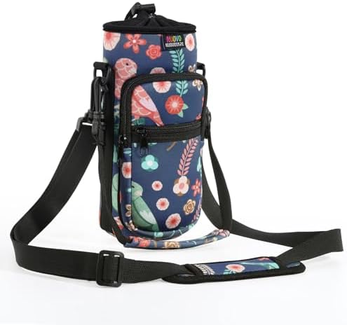 Nuovoware Water Bottle Carrier Bag, 750ml Bottle Pouch Holder, Adjustable Shoulder Hand Strap 2 Pocket Sling Neoprene Sleeve Sports Accessories for Hiking Travelling Camping, Green Bird+Blossoms by NUOVOWARE