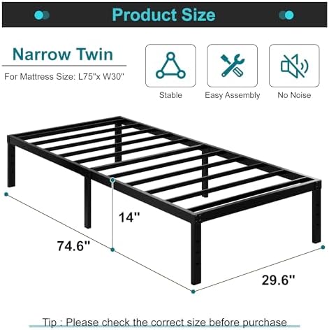 Maenizi Heavy Duty Narrow Twin Bed Frame, 14 Inch Metal Platform 30x75 Inch - Image 2