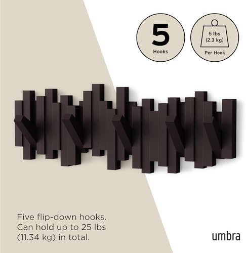 Umbra Sticks Wall Mount Coat Rack, 5 Hook Retractable Pegs, Espresso - Image 5