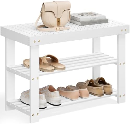 SONGMICS Shoe Rack Bench, 3-Tier Bamboo Entryway Bench, 27.6 Inches Width by Unknown