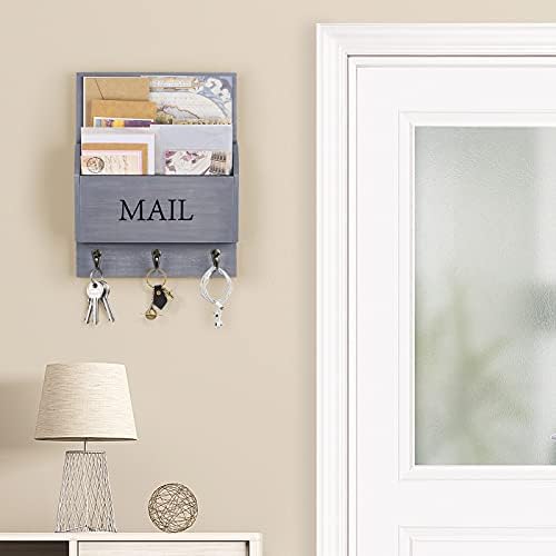 DLQuarts Solid Wood Mail Organizer with Key Holder for Wall, Mail Sorter Wall Mounted, Decorative Wooden Key and Mail Holder with 3 Hooks, Weathered Gray - Image 2