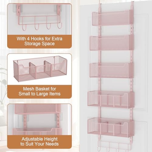VyGrow Over The Door Organizer, Metal Door Organizer Hanging with 5 Adjustable Baskets and Coat Hook, Behind The Door Storage for Bedroom Closet Bathroom Pantry Cabinet Kitchen, Pink - Image 5