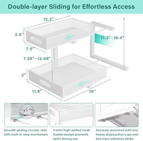 Under Sink Organizer, Extra-Wide Upgrade, 2 Pack 2 Tier Metal Slide Out Cabinet Organizer, Height Adjustable Organization and Storage Series, Bathroom/Cabinet/Kitchen organization, White - Image 2